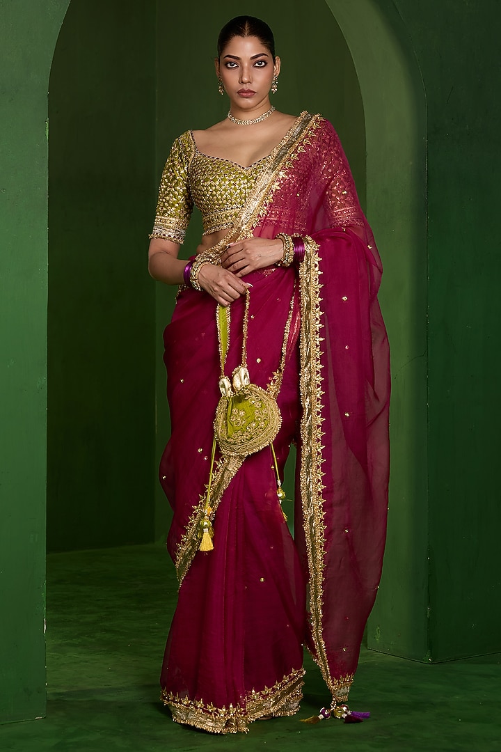 Maroon Organza Aari Work Wedding Saree Set by Saina kapoor at Pernia's Pop Up Shop