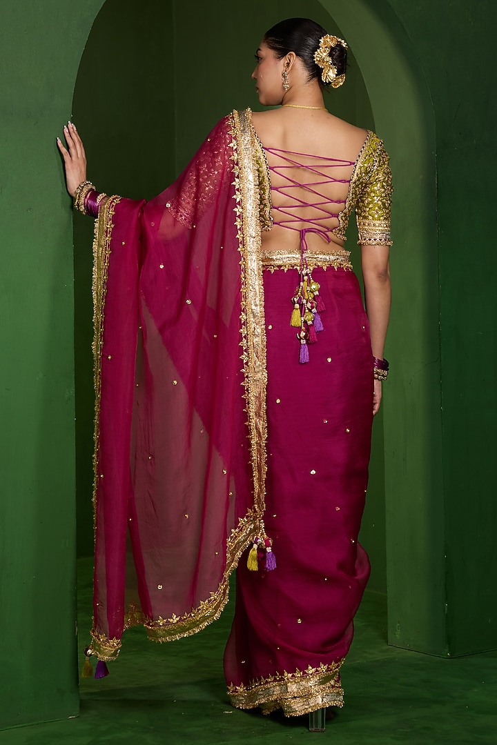 Maroon Organza Aari Work Wedding Saree Set by Saina kapoor at Pernia's Pop Up Shop