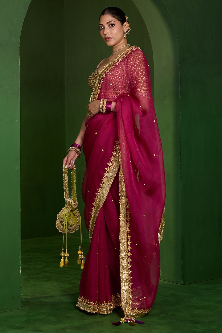 Maroon Organza Aari Work Wedding Saree Set by Saina kapoor at Pernia's Pop Up Shop