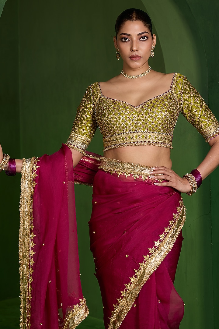 Maroon Organza Aari Work Wedding Saree Set by Saina kapoor at Pernia's Pop Up Shop