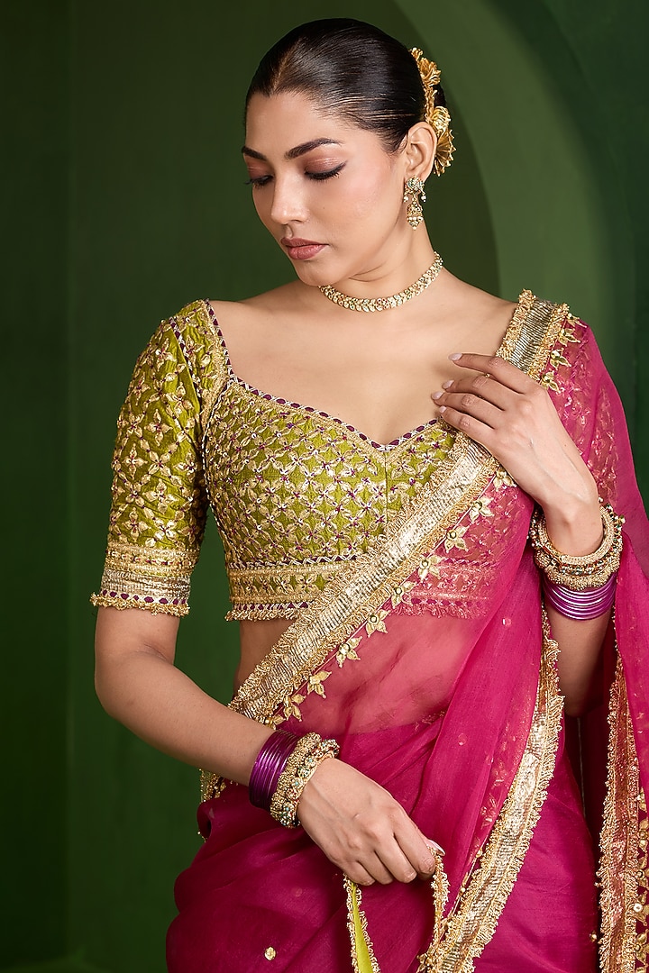 Maroon Organza Aari Work Wedding Saree Set by Saina kapoor at Pernia's Pop Up Shop