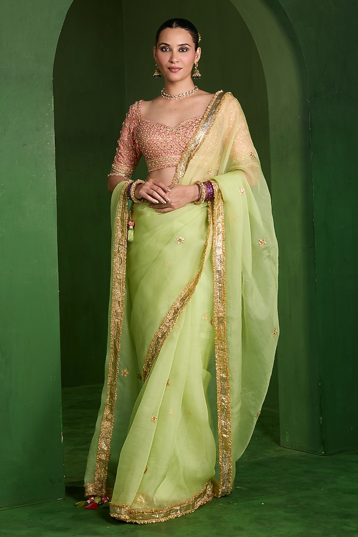 Pista Green Organza Aari Work Wedding Saree Set by Saina kapoor at Pernia's Pop Up Shop
