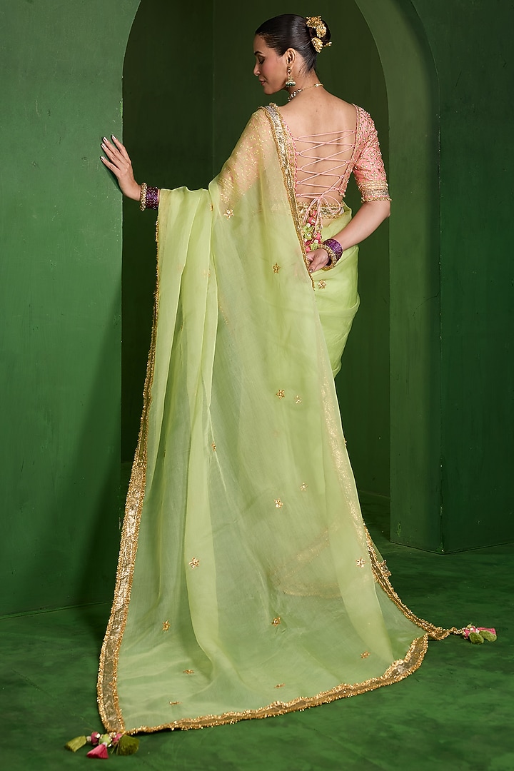Pista Green Organza Aari Work Wedding Saree Set by Saina kapoor at Pernia's Pop Up Shop