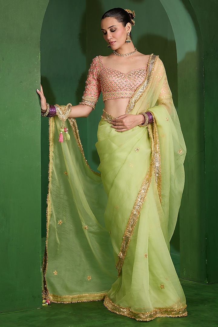 Pista Green Organza Aari Work Wedding Saree Set by Saina kapoor at Pernia's Pop Up Shop