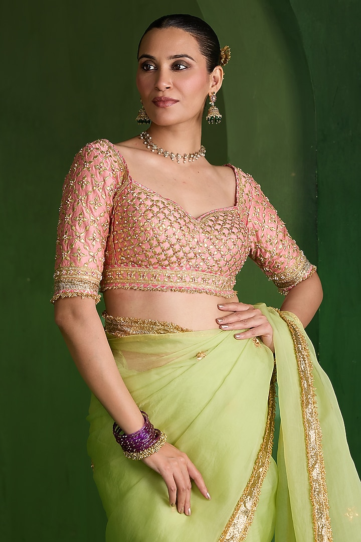 Pista Green Organza Aari Work Wedding Saree Set by Saina kapoor at Pernia's Pop Up Shop