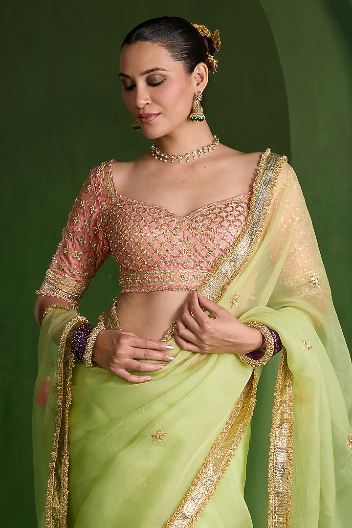 Pista Green Organza Aari Work Wedding Saree Set by Saina kapoor at Pernia's Pop Up Shop