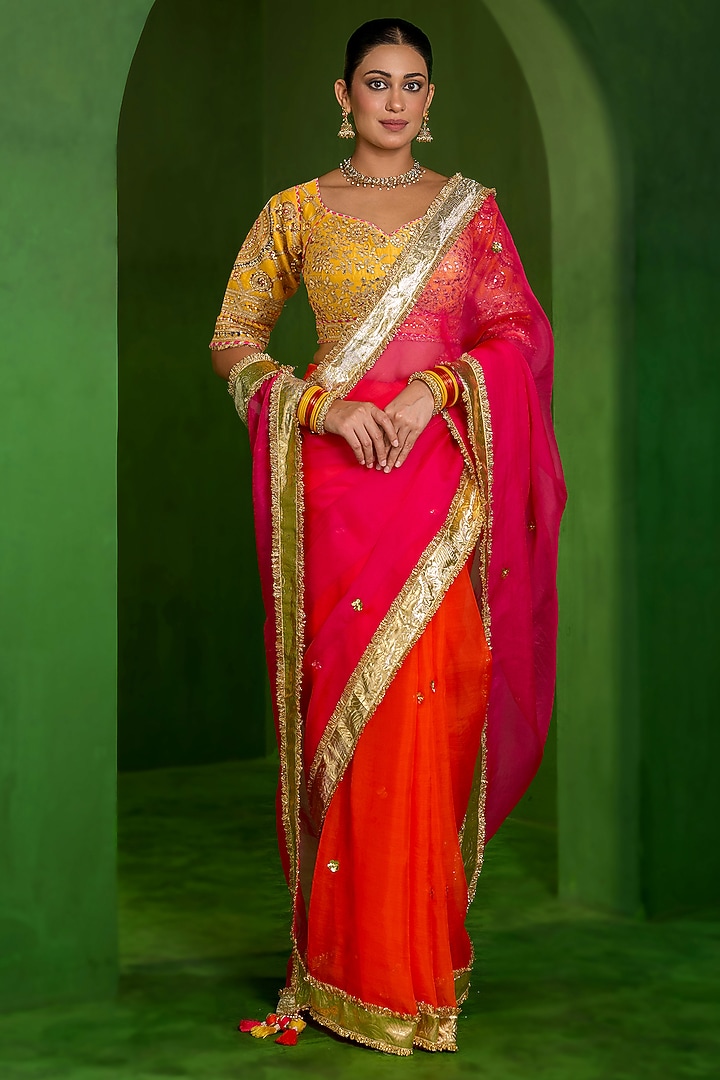 Pink & Orange Ombre Organza Handwork Wedding Saree Set by Saina kapoor at Pernia's Pop Up Shop
