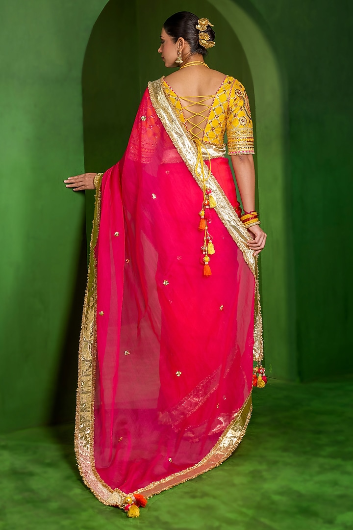 Pink & Orange Ombre Organza Handwork Wedding Saree Set by Saina kapoor at Pernia's Pop Up Shop