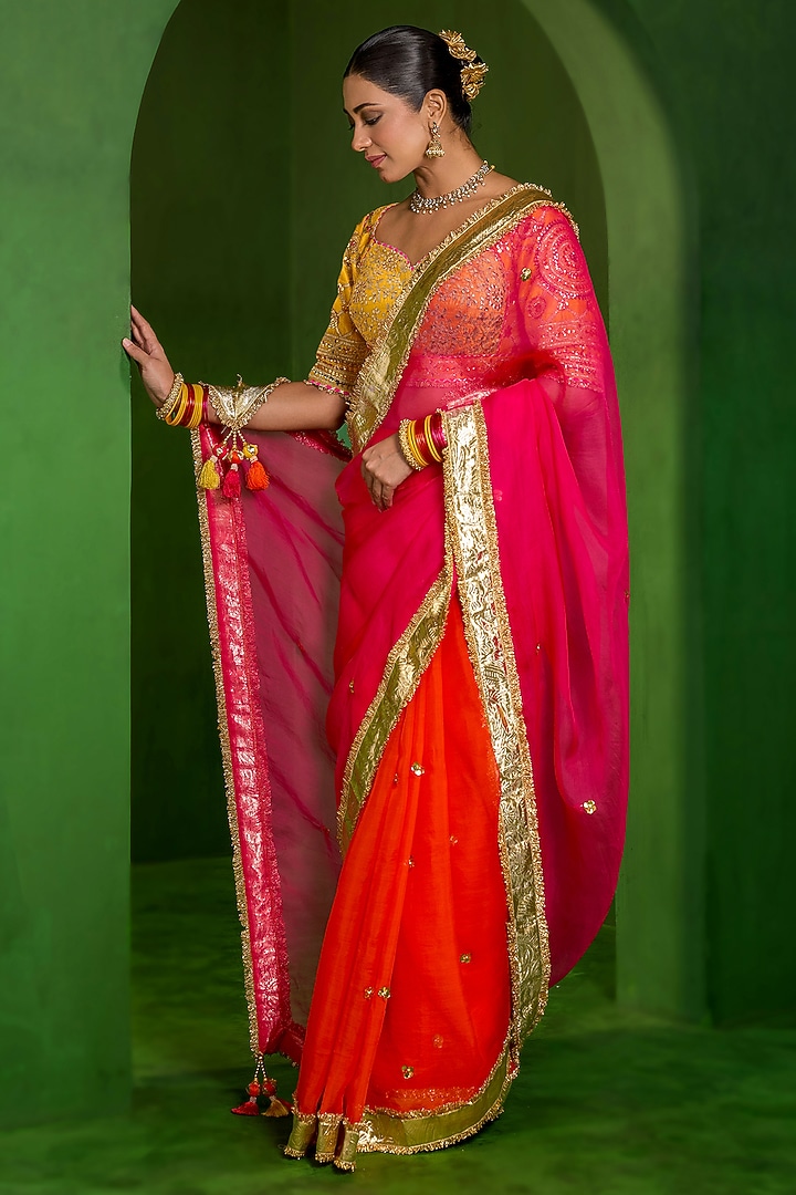 Pink & Orange Ombre Organza Handwork Wedding Saree Set by Saina kapoor at Pernia's Pop Up Shop
