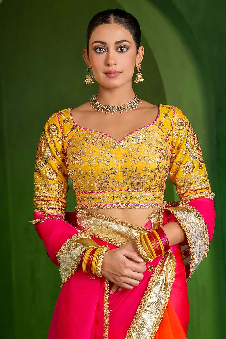 Pink & Orange Ombre Organza Handwork Wedding Saree Set by Saina kapoor at Pernia's Pop Up Shop