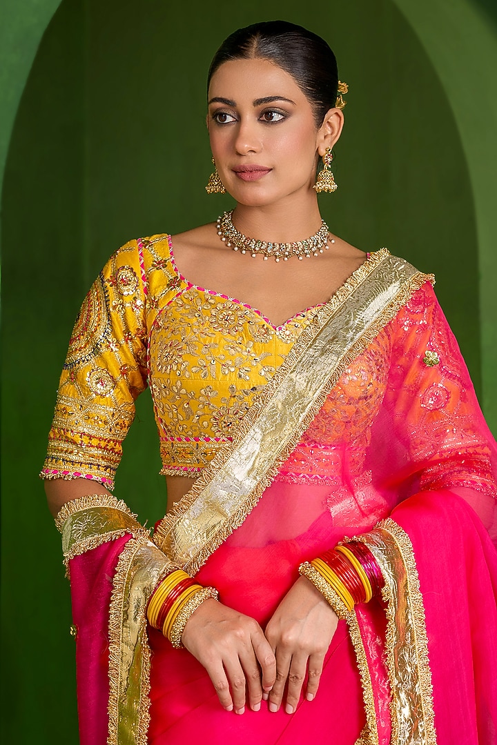 Pink & Orange Ombre Organza Handwork Wedding Saree Set by Saina kapoor at Pernia's Pop Up Shop