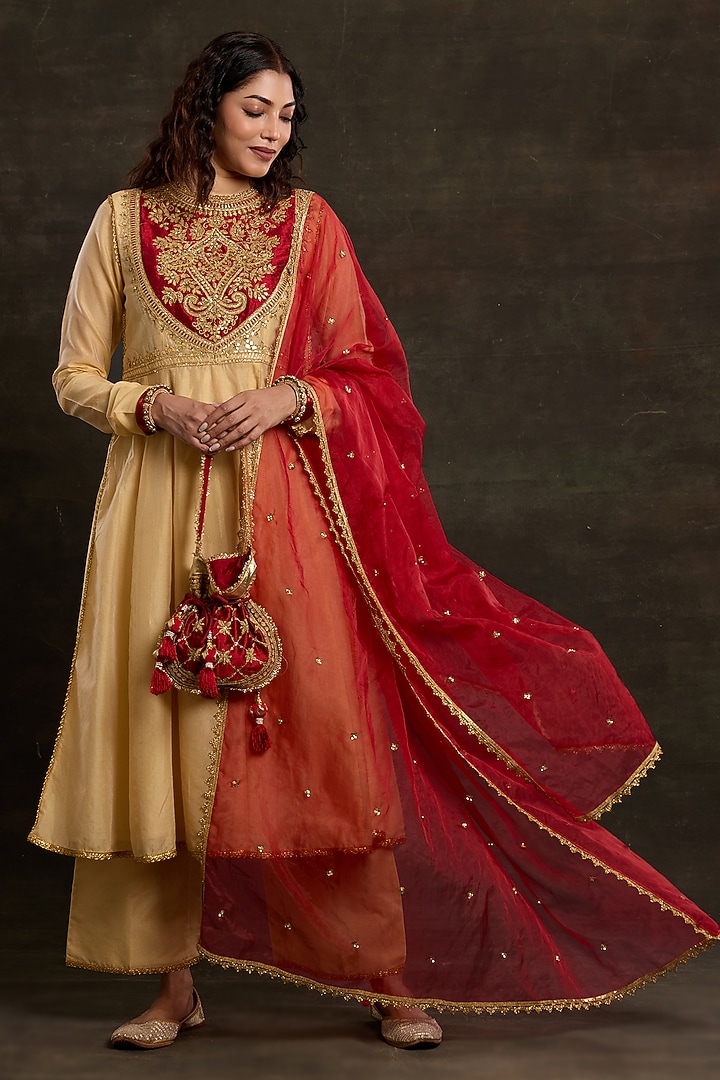 Beige Chanderi Sequins Embroidered Party Wear Anarkali Set by Saina kapoor at Pernia's Pop Up Shop