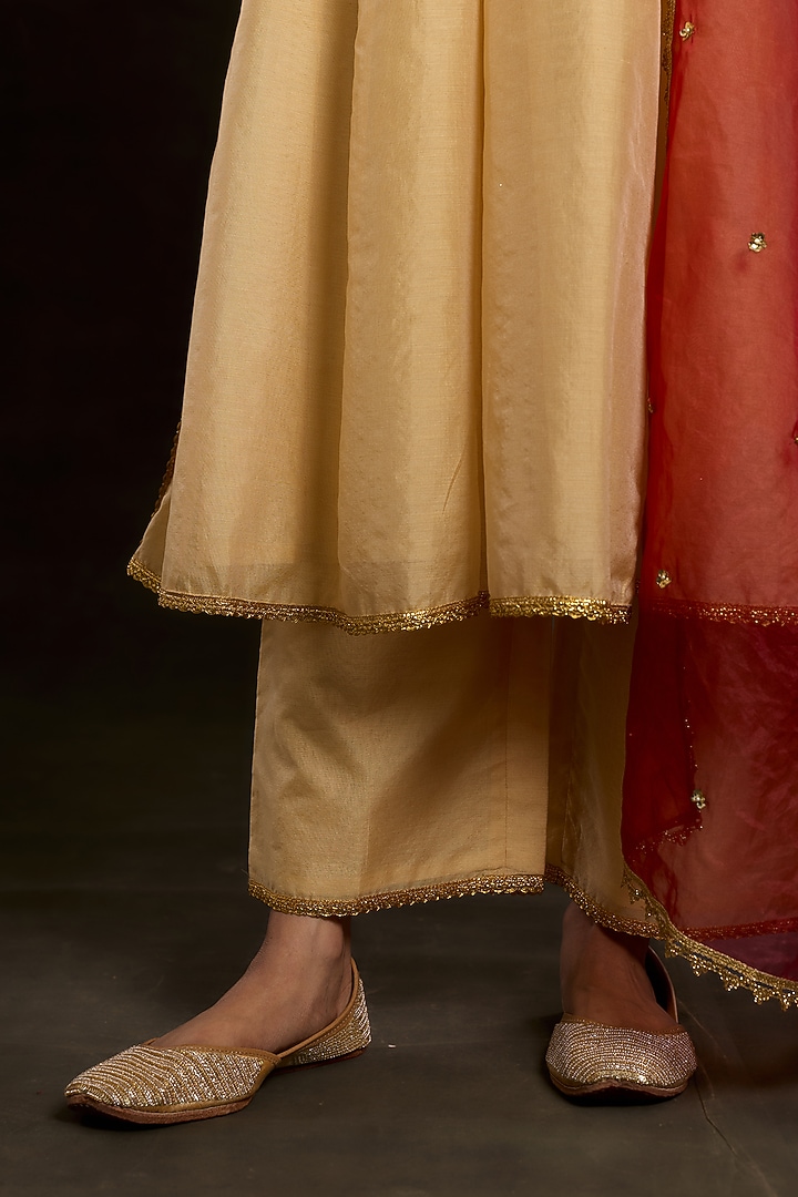 Beige Chanderi Sequins Embroidered Party Wear Anarkali Set by Saina kapoor at Pernia's Pop Up Shop
