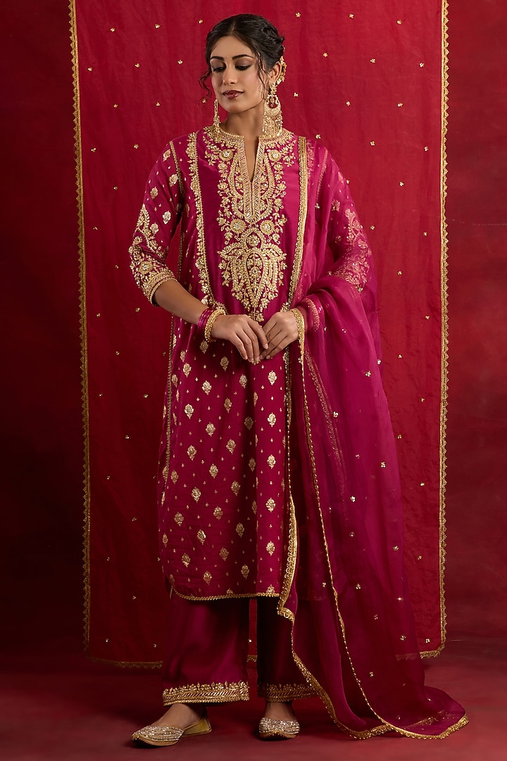 Plum Banarasi Brocade & Chanderi Sequins Embroidered Kurta Set by saina kapoor at Pernia's Pop Up Shop