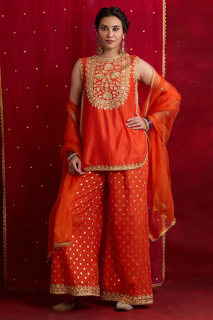 Orange Banarasi Brocade & Chanderi Sequins Embroidered Kurta Set by saina kapoor at Pernia's Pop Up Shop