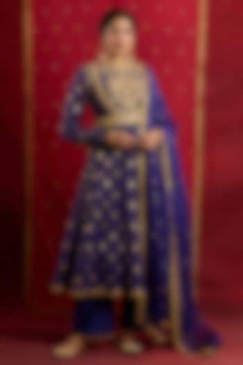 Blue Banarasi Brocade & Chanderi Sequins Embroidered Wedding Anarkali Set by saina kapoor at Pernia's Pop Up Shop
