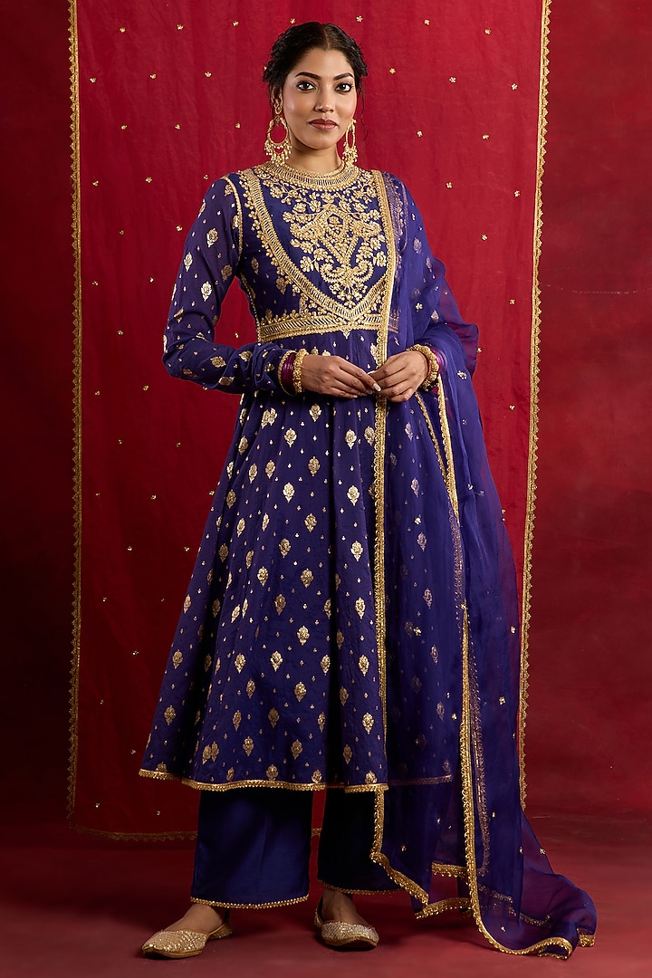 Blue Banarasi Brocade & Chanderi Sequins Embroidered Wedding Anarkali Set by saina kapoor at Pernia's Pop Up Shop