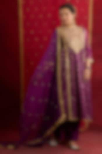 Purple Banarasi Brocade & Chanderi Sequins Embroidered Wedding Anarkali Set by saina kapoor at Pernia's Pop Up Shop