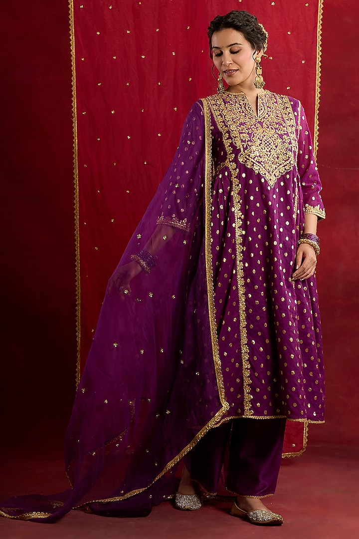 Purple Banarasi Brocade & Chanderi Sequins Embroidered Wedding Anarkali Set by saina kapoor at Pernia's Pop Up Shop