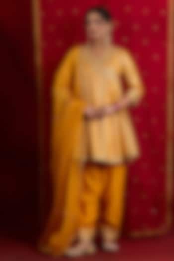 Yellow Banarasi Brocade & Chanderi Sequins Embroidered Wedding Anarkali Set by saina kapoor at Pernia's Pop Up Shop