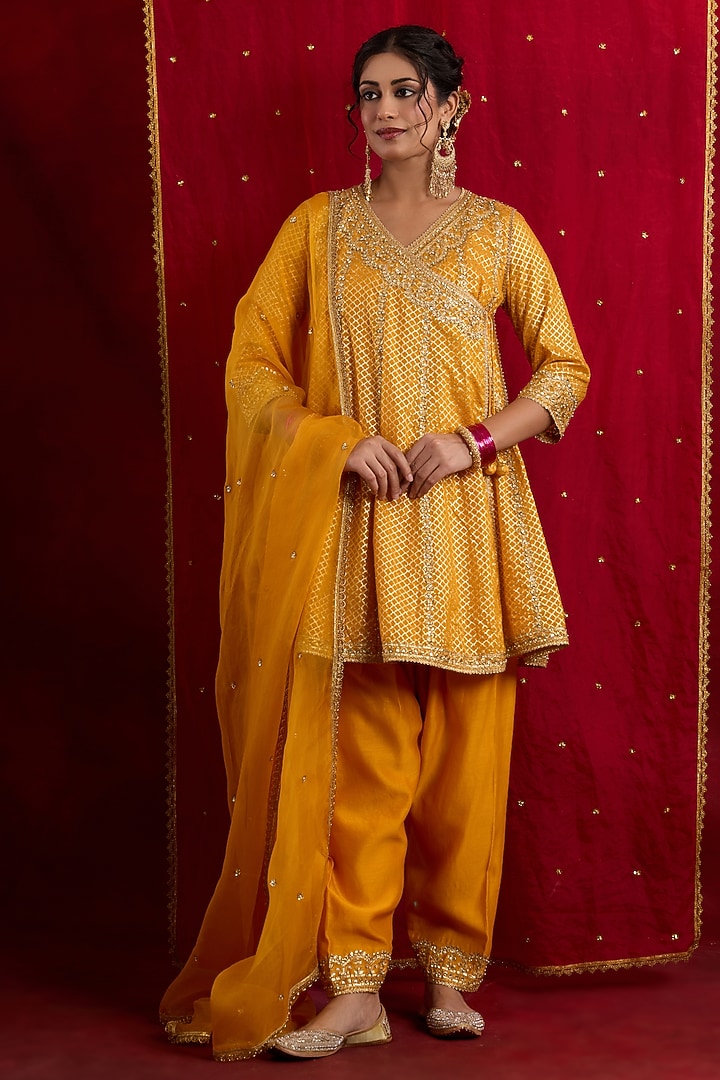 Yellow Banarasi Brocade & Chanderi Sequins Embroidered Wedding Anarkali Set by saina kapoor at Pernia's Pop Up Shop