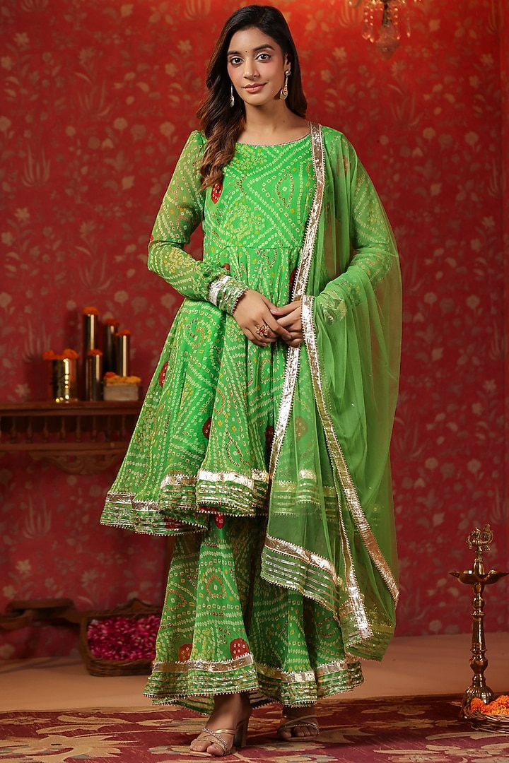 Apple Green Chiffon Bandhani Printed Sharara Set by SAMAAYA JAIPUR at Pernia's Pop Up Shop