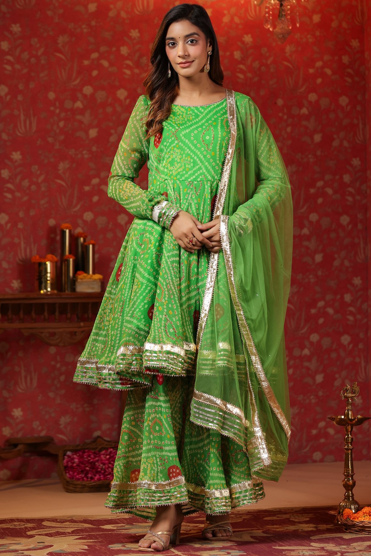Apple Green Chiffon Bandhani Printed Sharara Set by SAMAAYA JAIPUR at  Pernia's Pop Up Shop