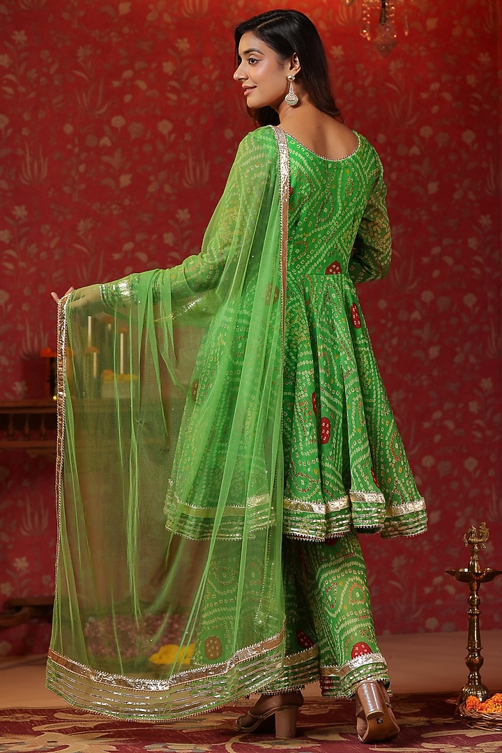 Apple Green Chiffon Bandhani Printed Sharara Set by SAMAAYA JAIPUR at Pernia's Pop Up Shop