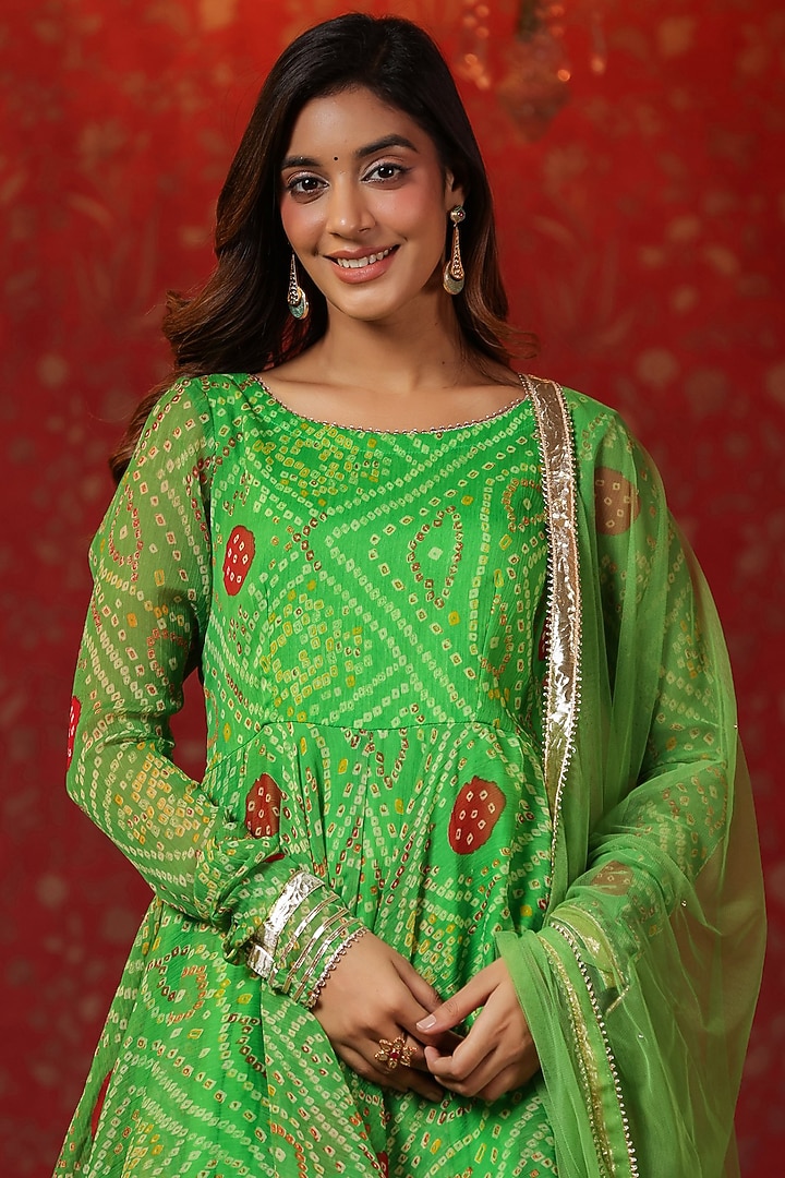 Apple Green Chiffon Bandhani Printed Sharara Set by SAMAAYA JAIPUR at Pernia's Pop Up Shop