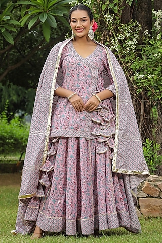 Blossom Pink Cambric Cotton Jaal Block Printed Lehenga Set by SAMAAYA JAIPUR