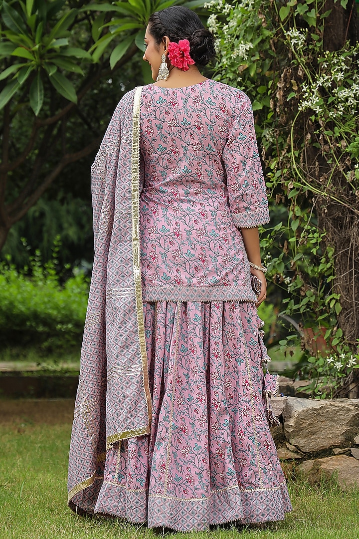 Blossom Pink Cambric Cotton Jaal Block Printed Lehenga Set by SAMAAYA JAIPUR at Pernia's Pop Up Shop