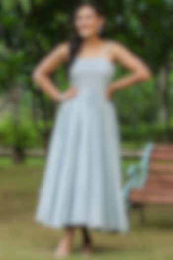 Grey Lurex Cotton Block Printed Sleeveless Maxi Summer Dress by SAMAAYA JAIPUR at Pernia's Pop Up Shop