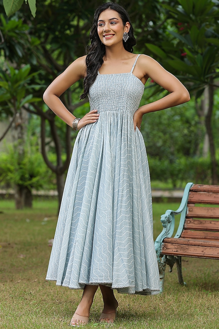 Grey Lurex Cotton Block Printed Sleeveless Maxi Summer Dress by SAMAAYA JAIPUR at Pernia's Pop Up Shop