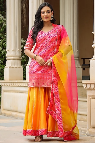 Yellow Cotton Silk Bandhani Printed Kalidar Sharara Set by SAMAAYA JAIPUR