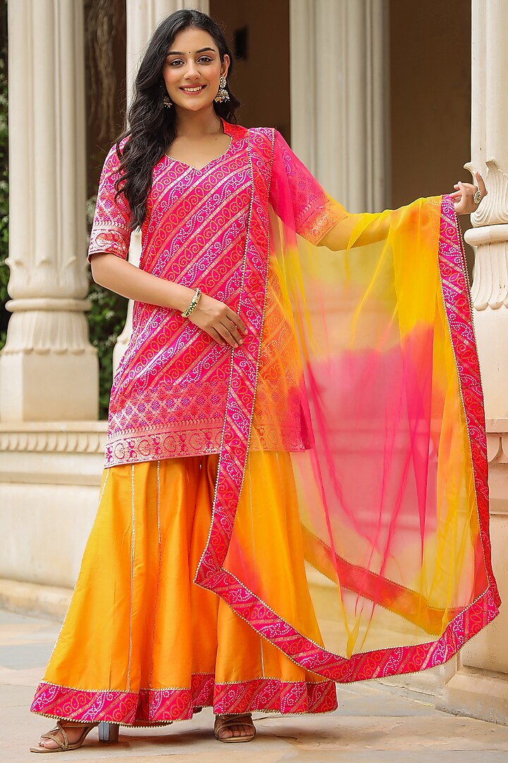 Yellow Cotton Silk Bandhani Printed Kalidar Sharara Set by SAMAAYA JAIPUR at Pernia's Pop Up Shop