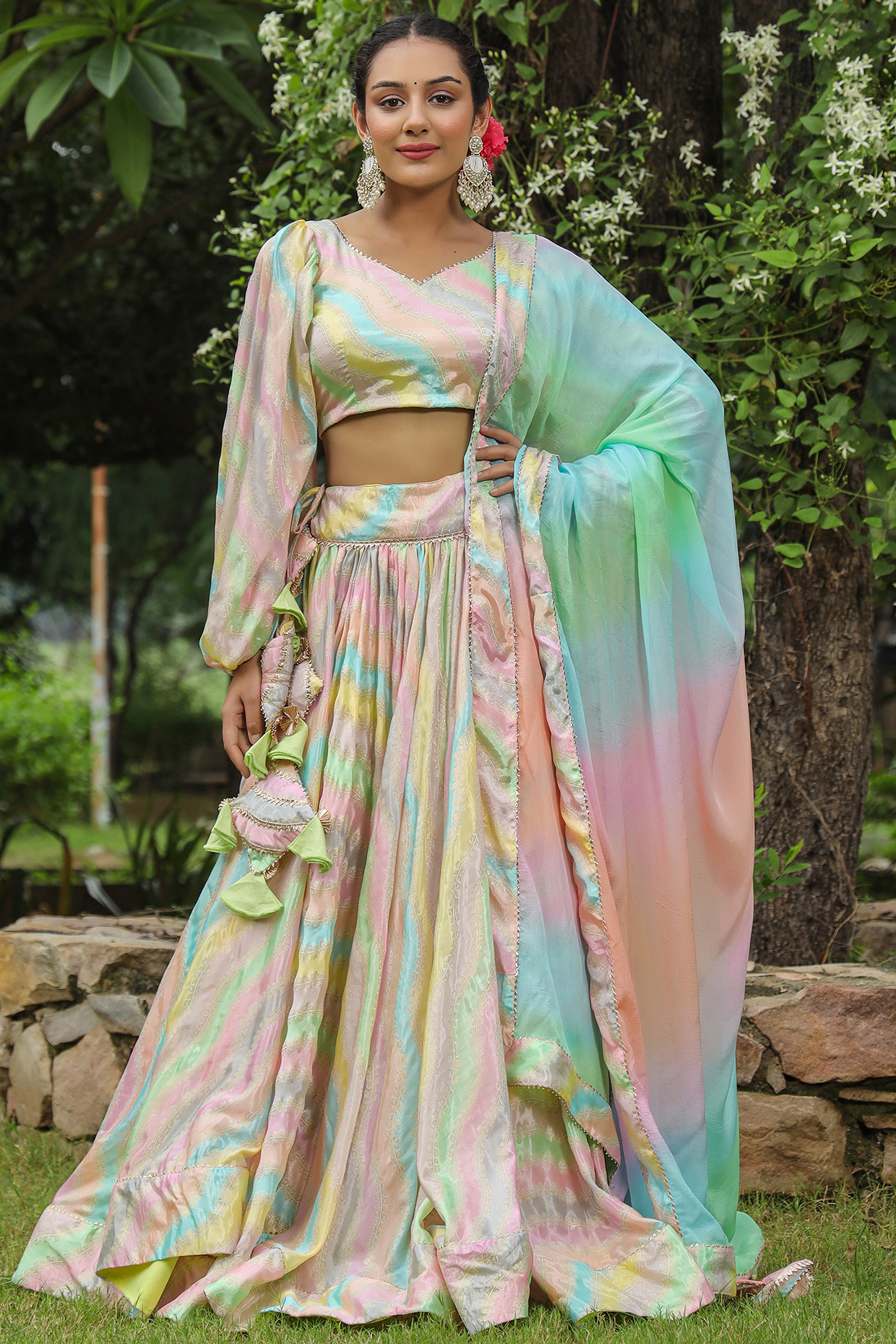 Multi-Colored Chinnon Digital Foil Printed Lehenga Set by SAMAAYA JAIPUR at Pernia's Pop Up Shop