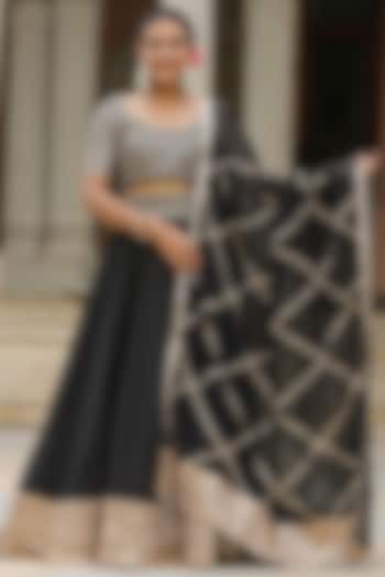 Black Pure Cotton Silk Gota Embellished Lehenga Set by SAMAAYA JAIPUR at Pernia's Pop Up Shop