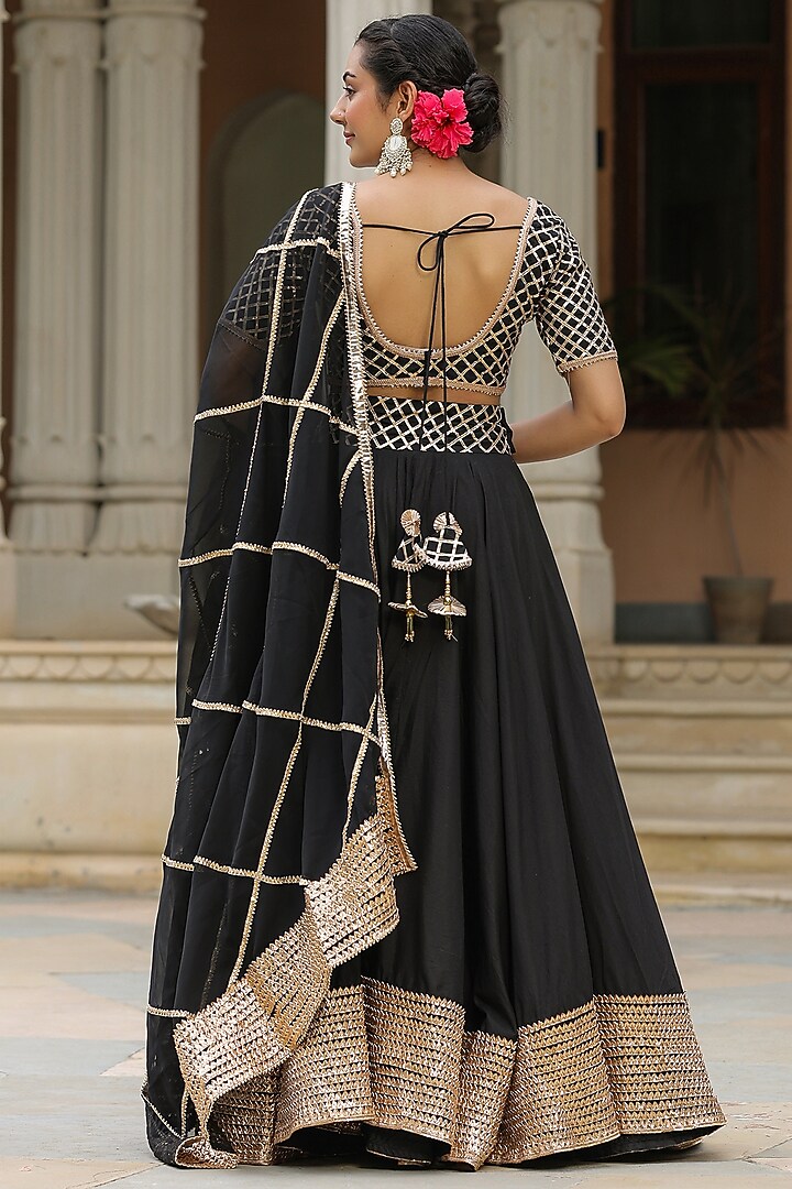 Black Pure Cotton Silk Gota Embellished Lehenga Set by SAMAAYA JAIPUR at Pernia's Pop Up Shop