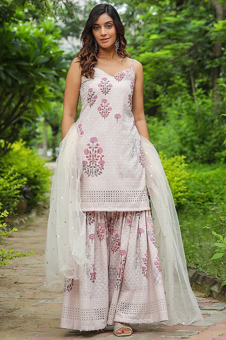 Cream Cotton Chikankari Embroidered & Digital Printed Sharara Set by SAMAAYA JAIPUR at Pernia's Pop Up Shop