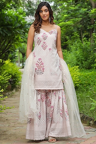 Cream Cotton Chikankari Embroidered & Digital Printed Sharara Set by SAMAAYA JAIPUR