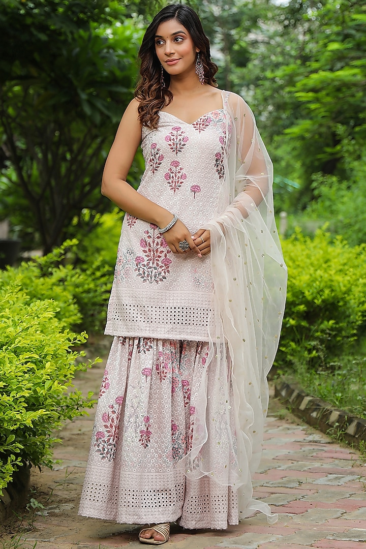 Cream Cotton Chikankari Embroidered & Digital Printed Sharara Set by SAMAAYA JAIPUR at Pernia's Pop Up Shop