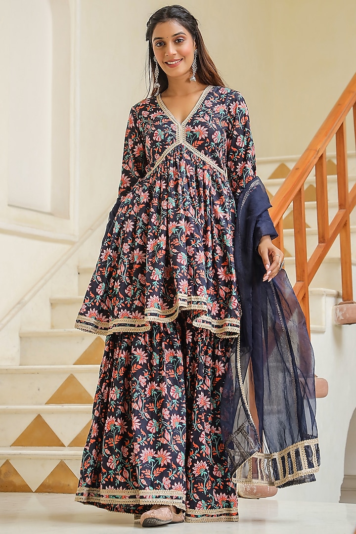 Blue Cotton Hand-Block Printed Sharara Set by SAMAAYA JAIPUR at Pernia's Pop Up Shop