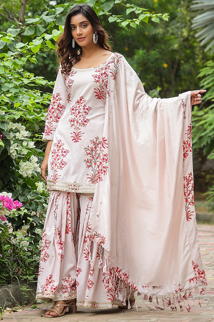 Wafer-Colored Cotton Hand-Block Printed Sharara Set by SAMAAYA JAIPUR at Pernia's Pop Up Shop