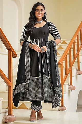 Dune Black Cotton Silk Sequins Embroidered Anarkali Set by SAMAAYA JAIPUR