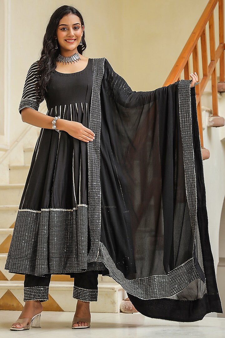 Dune Black Cotton Silk Sequins Embroidered Anarkali Set by SAMAAYA JAIPUR at Pernia's Pop Up Shop