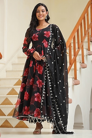 Black Chiffon Digital Printed Anarkali Set by SAMAAYA JAIPUR