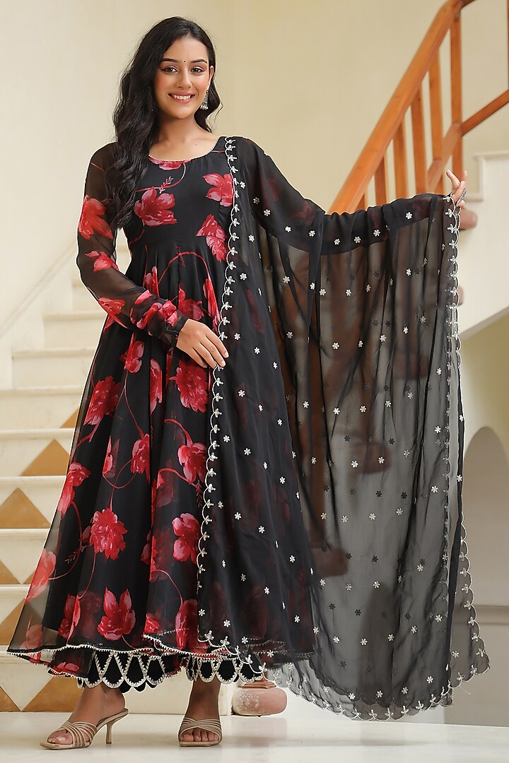 Black Chiffon Digital Printed Anarkali Set by SAMAAYA JAIPUR at Pernia's Pop Up Shop