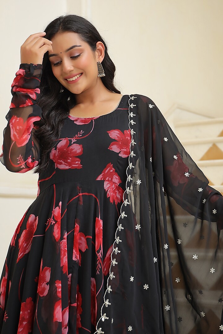 Black Chiffon Digital Printed Anarkali Set by SAMAAYA JAIPUR at Pernia's Pop Up Shop