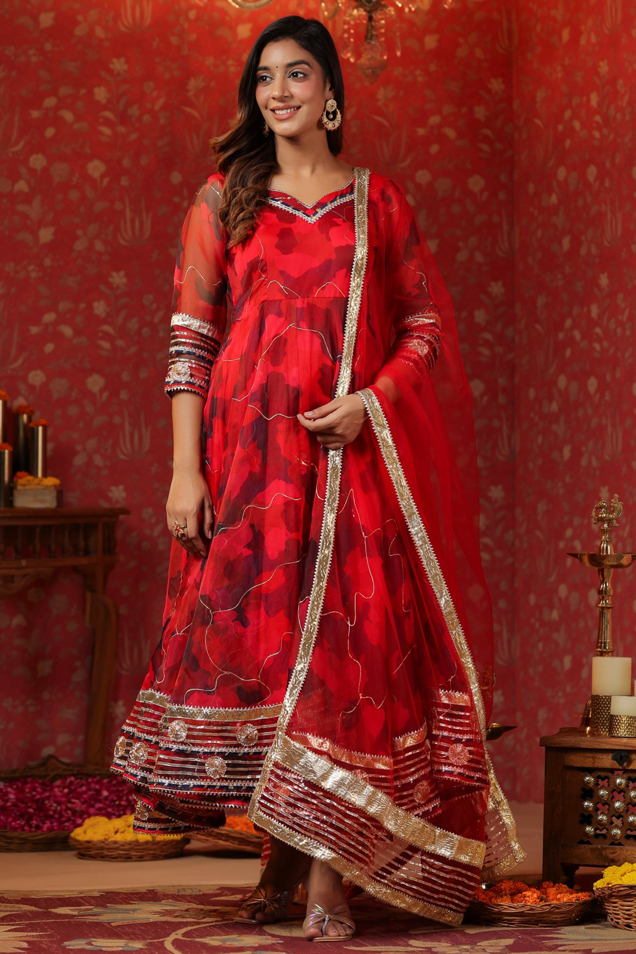Red Organza Digital Printed Anarkali Set by SAMAAYA JAIPUR at Pernia's Pop Up Shop