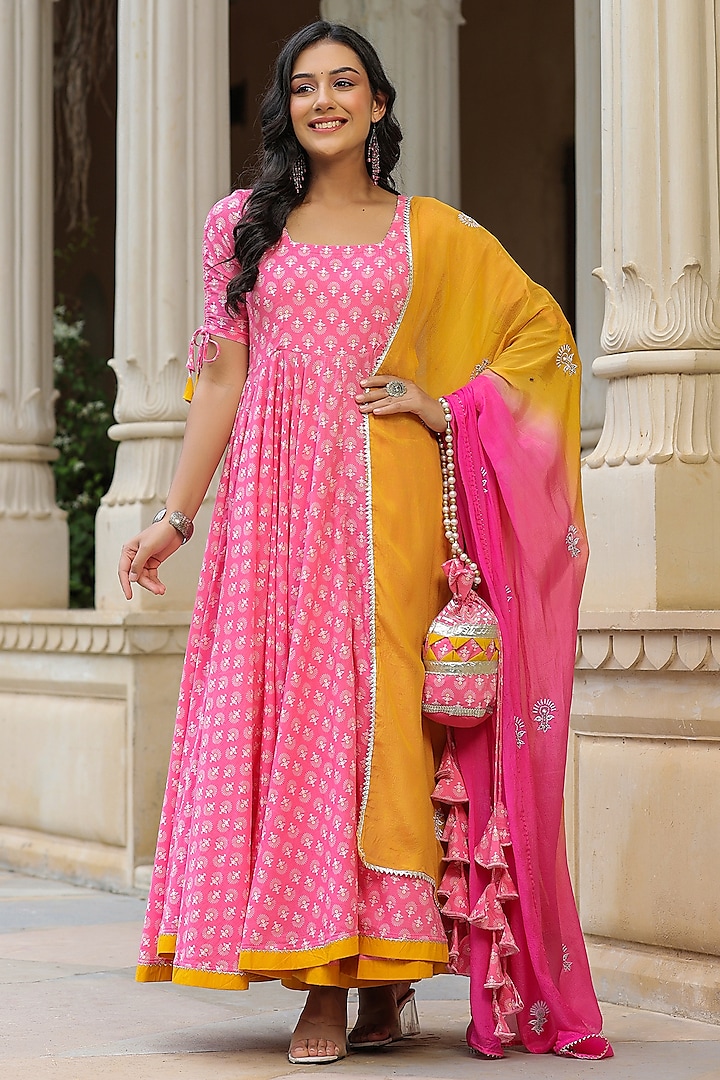 Pink Cotton Block Printed Anarkali Set by SAMAAYA JAIPUR
